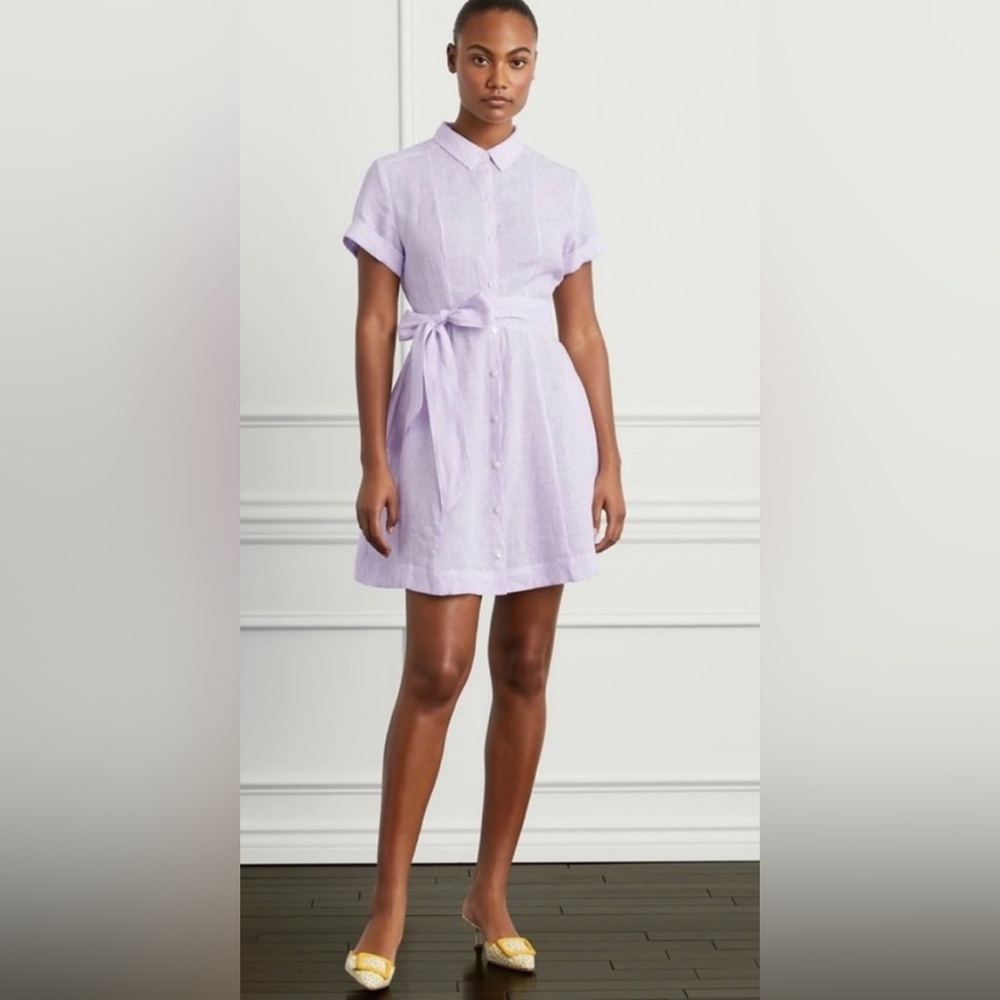 Hill House Home Laura Pinstripe Belted Linen Shirt Dress